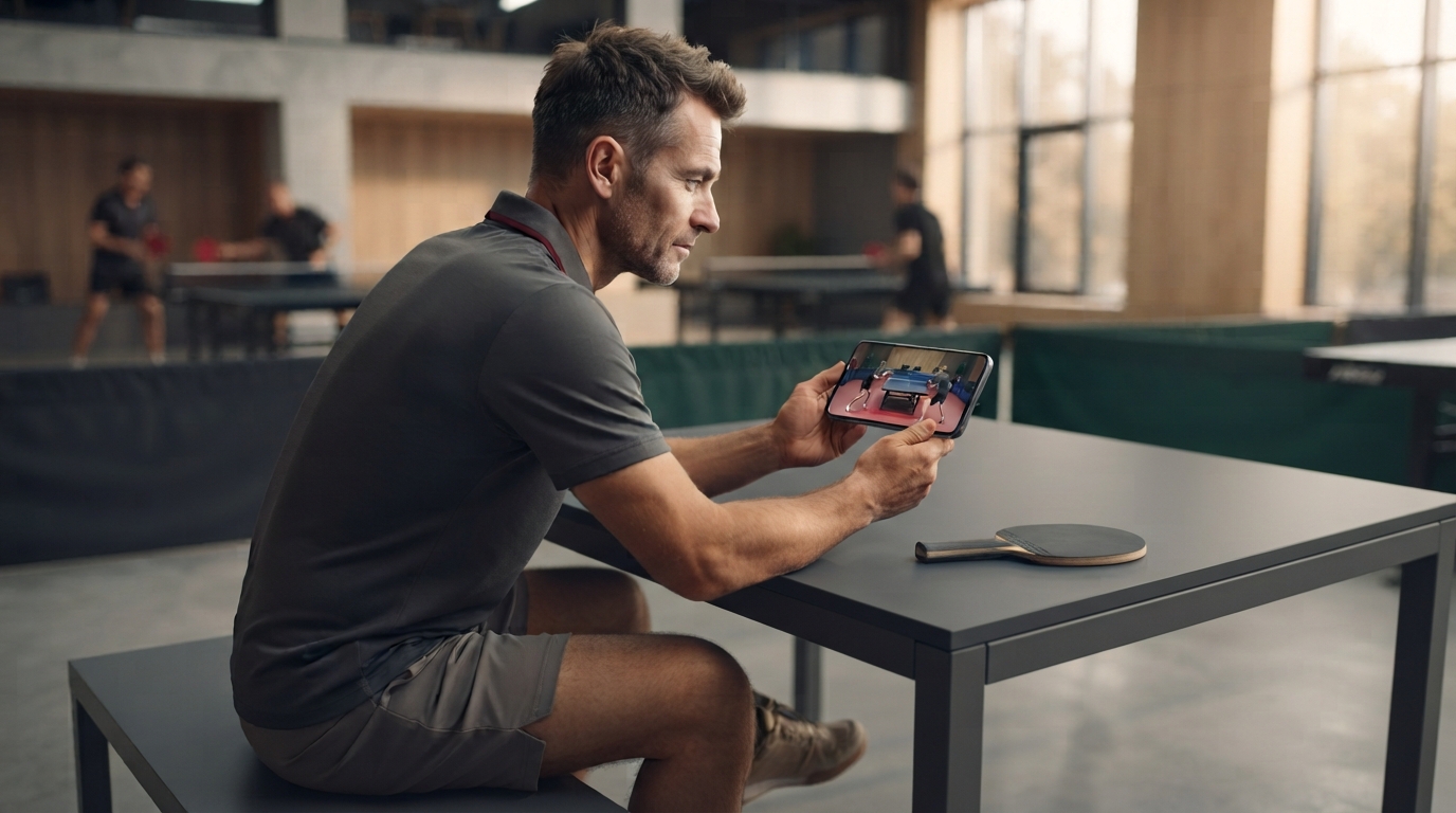 Comment Connaître mon Niveau au Tennis de Table, pongiste se regardant jouer en vidéo dans un gymnase